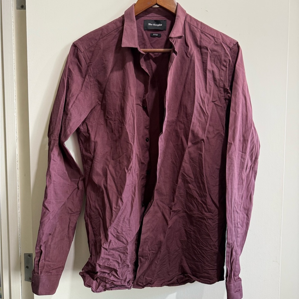 The Kooples Long Sleeve Fitted Dress Shirt Burgundy Hidden Button Placket-Medium